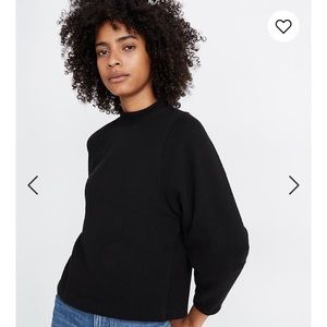 Cream texture & thread button-back mockneck top